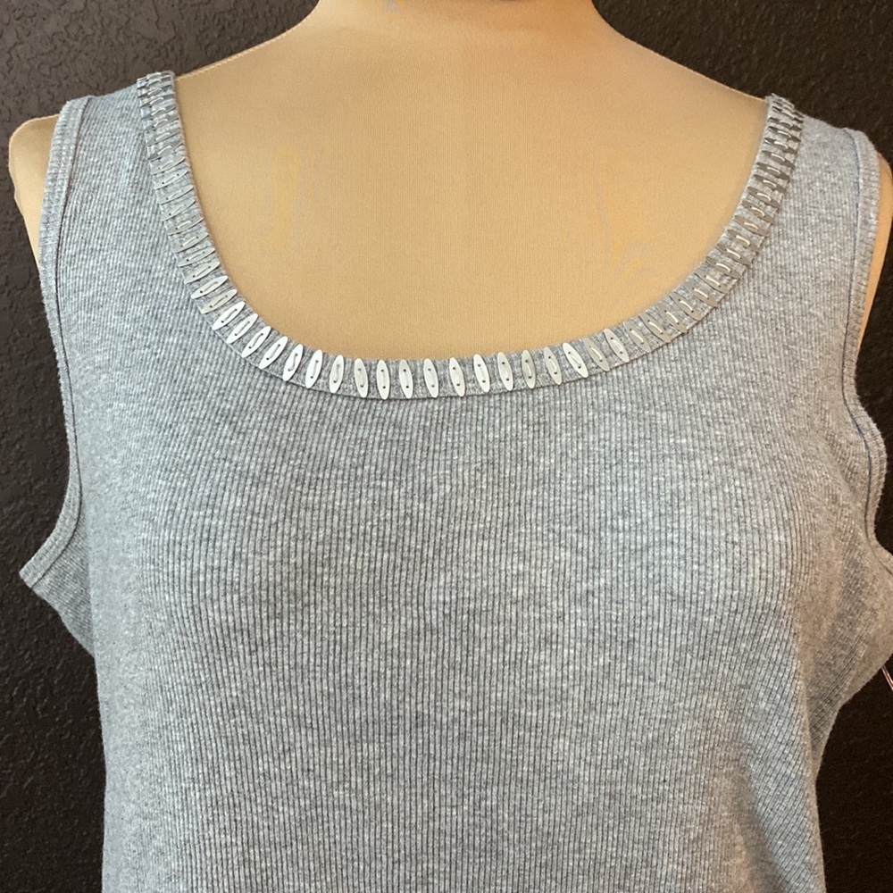 TALBOTS‎ grey ribbed embellished neckline cotton sleeveless tank top